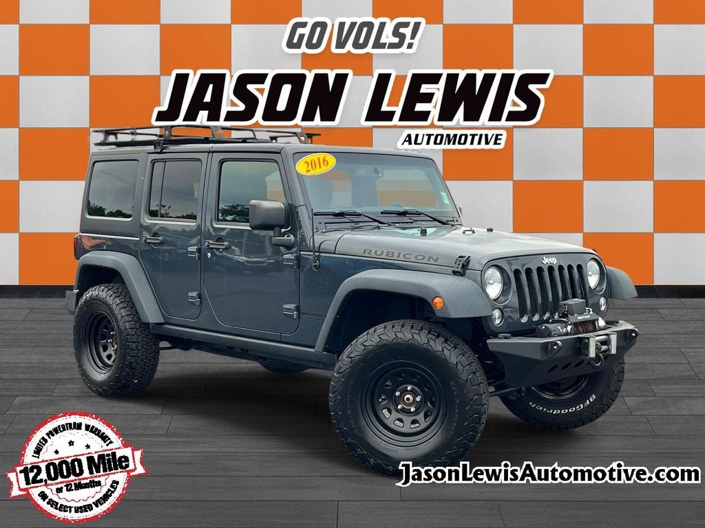 2016 Jeep Wrangler Unlimited Rubicon in Rhino Clearcoat — front three-quarter view
