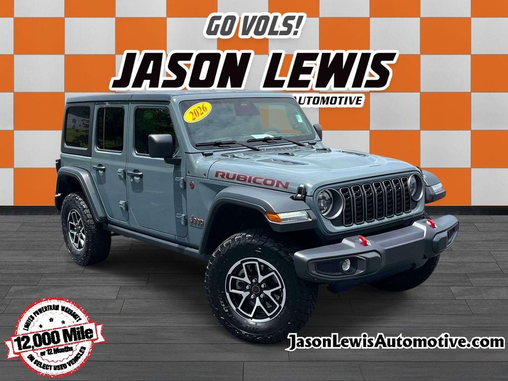 2026 Jeep Wrangler Rubicon in Anvil Clearcoat — front three-quarter view