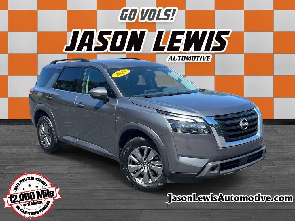 2025 Nissan Pathfinder SV in Gun Metallic — front three-quarter view