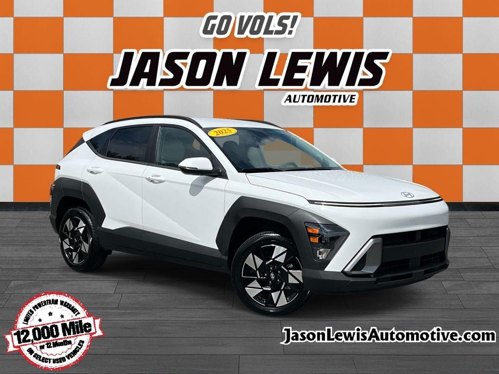 2025 Hyundai Kona SEL in White — front three-quarter view